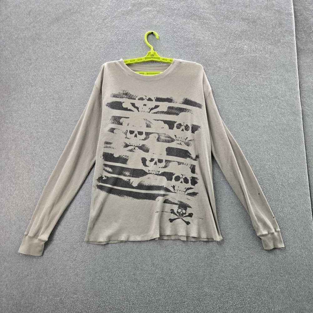 Machine Men Shirt LARGE Beige Graphic Skull Grunge Print Long Sleeve Y2K